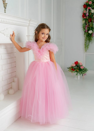 Pink Tulle Ruffle Ankle Length Flower Girl Dress